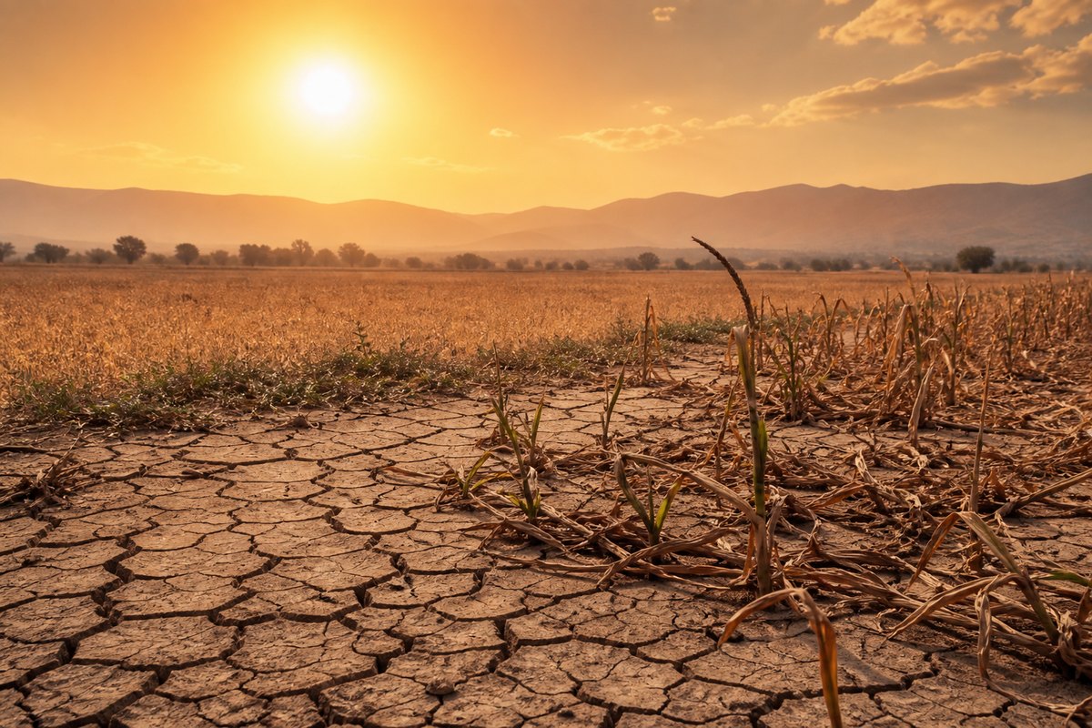 Dry agricultural landscape during concurrent drought and heatwave conditions