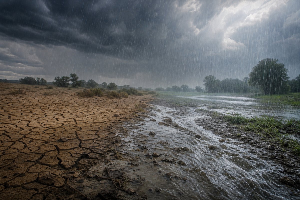 Dry cracked soil transitioning into heavy rainfall and runoff